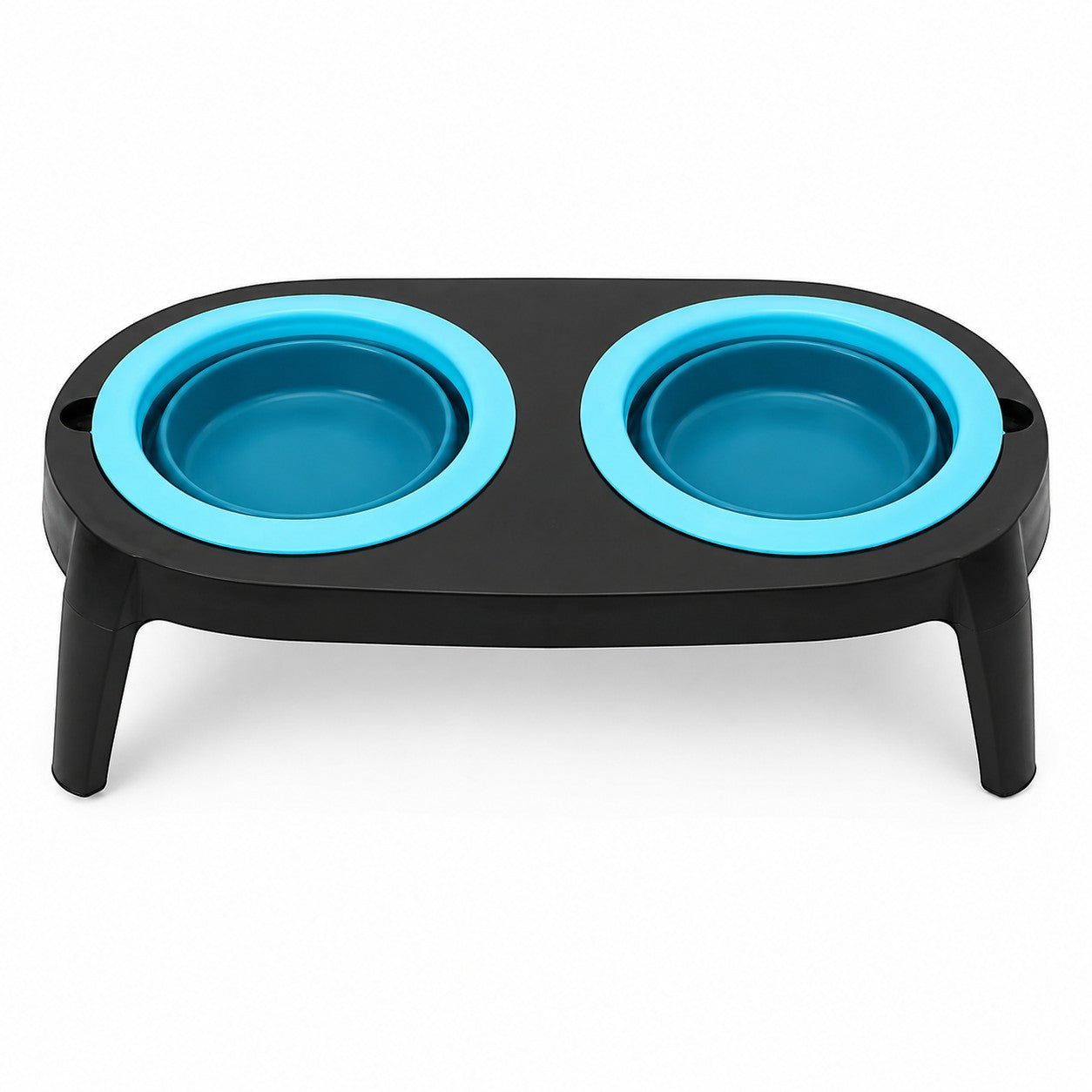 Tap2Own Elevated Double Pet Bowl Set with two bright blue silicone bowls on a black stand.
