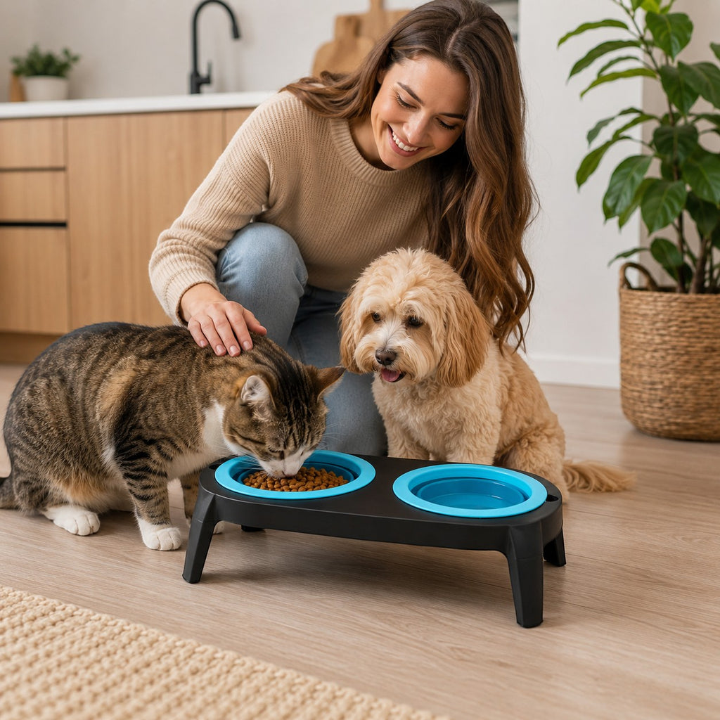 Tap2Own Elevated Double Pet Bowl with blue silicone bowls and black stand. A cat eats from one bowl while a dog watches.