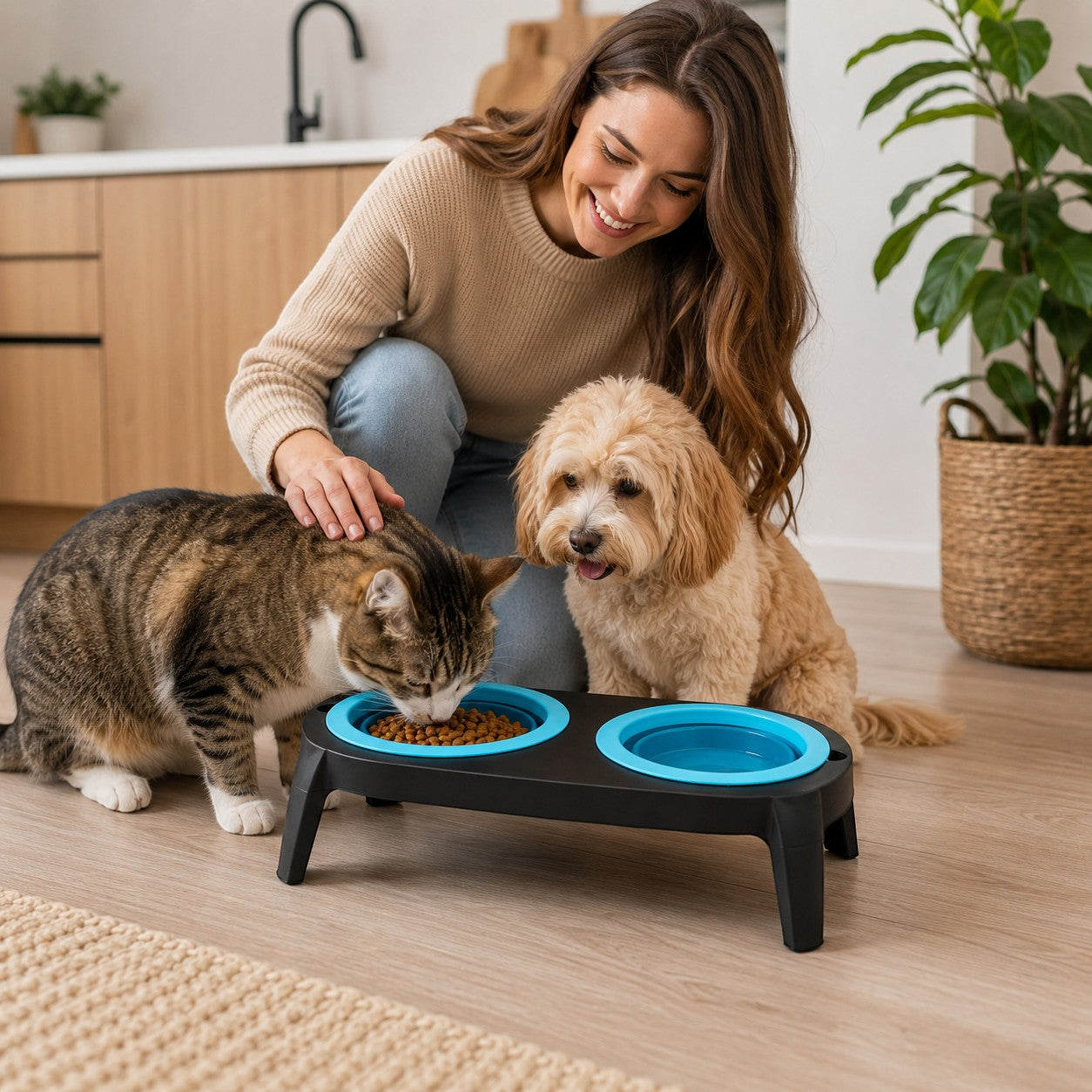 Tap2Own Elevated Double Pet Bowl with blue silicone bowls and black stand. A cat eats from one bowl while a dog watches.