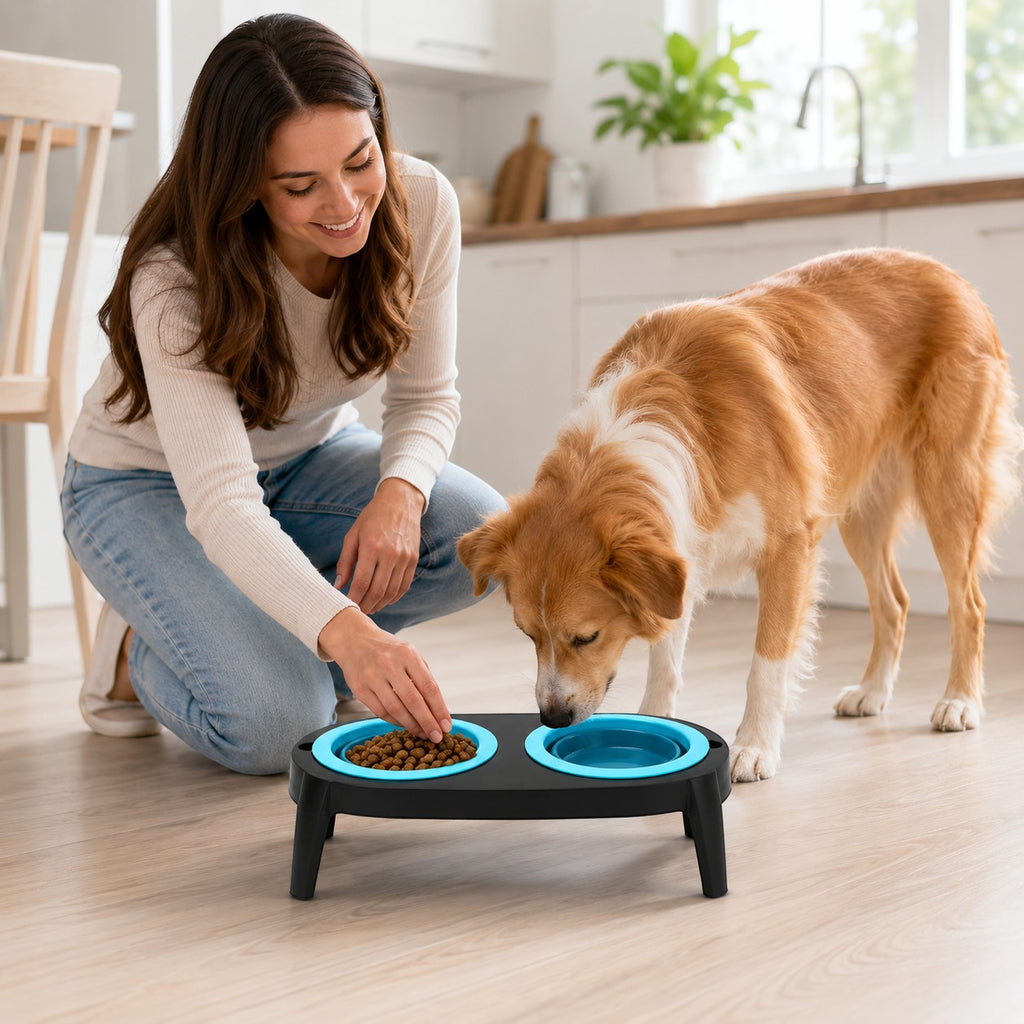 Tap2Own elevated double pet bowl feeder with two blue silicone bowls on a black stand. A woman is feeding kibble to a dog.