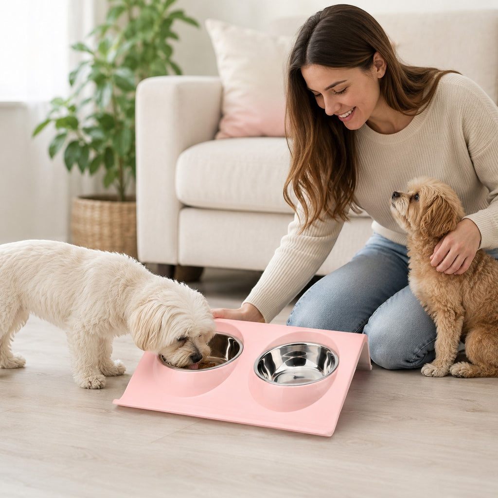Tap2Own pink elevated double pet bowl feeder with two stainless steel bowls, one with food, for dogs.