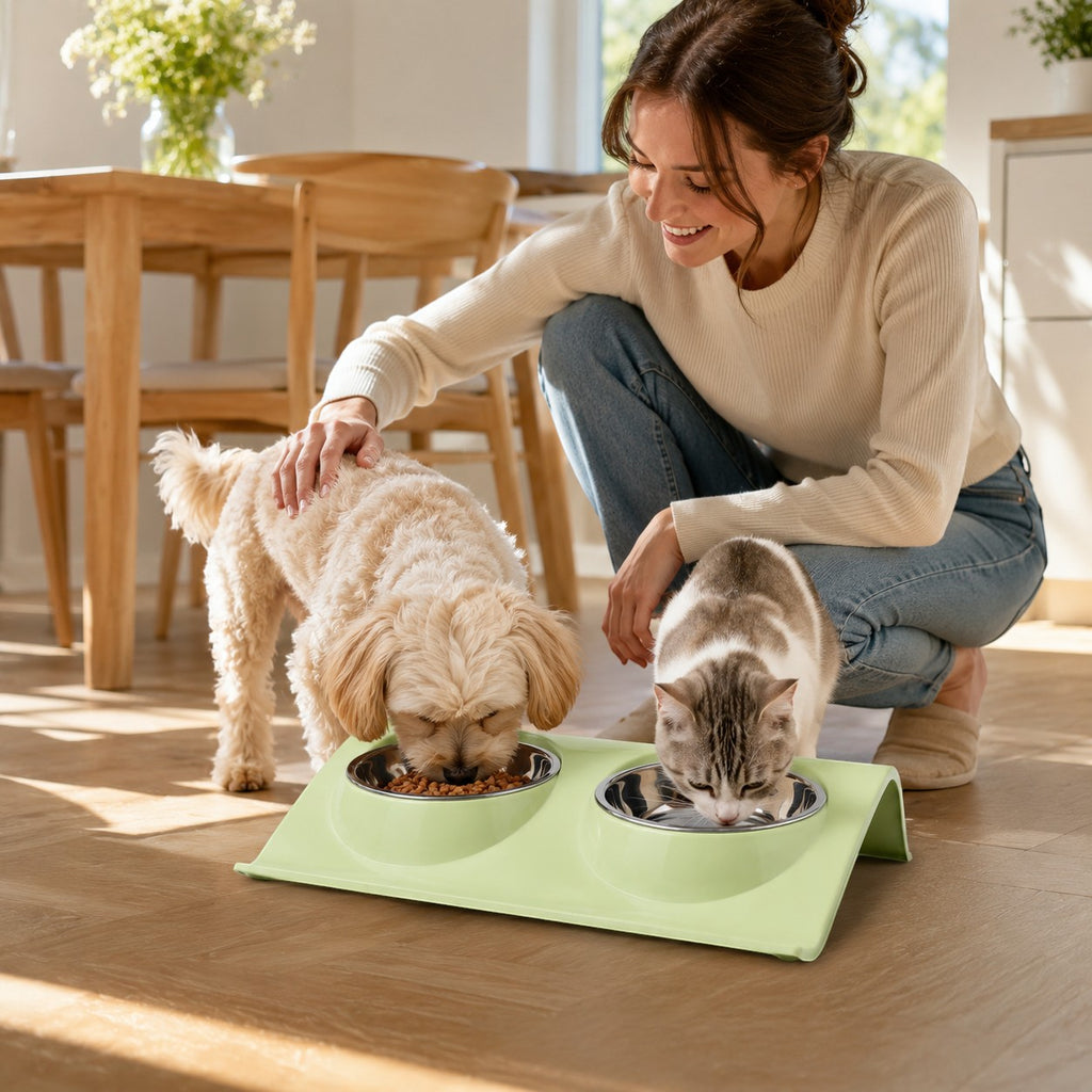 Tap2Own light green elevated double pet bowl feeder with stainless steel bowls, a dog and cat eating.