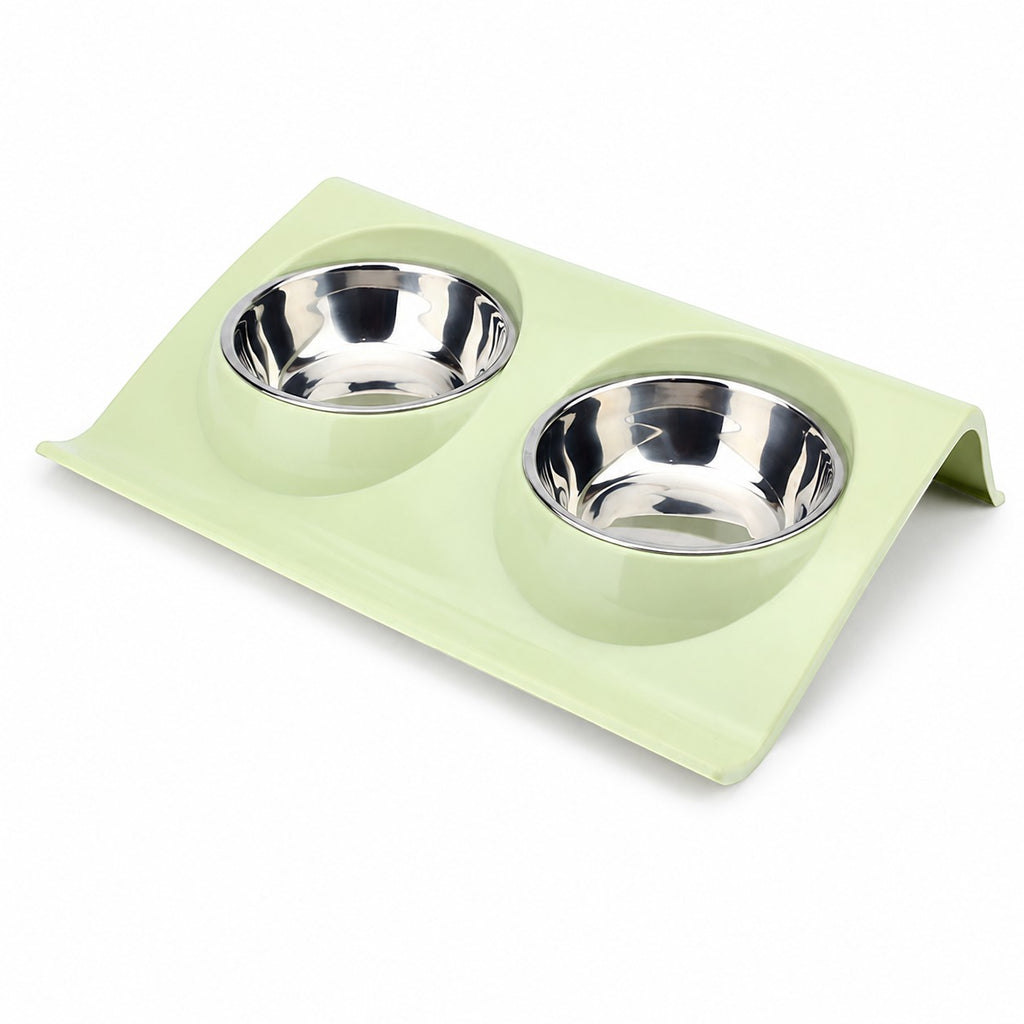 Tap2Own light green elevated double pet bowls with stainless steel inserts. Ergonomic design for comfortable dining.