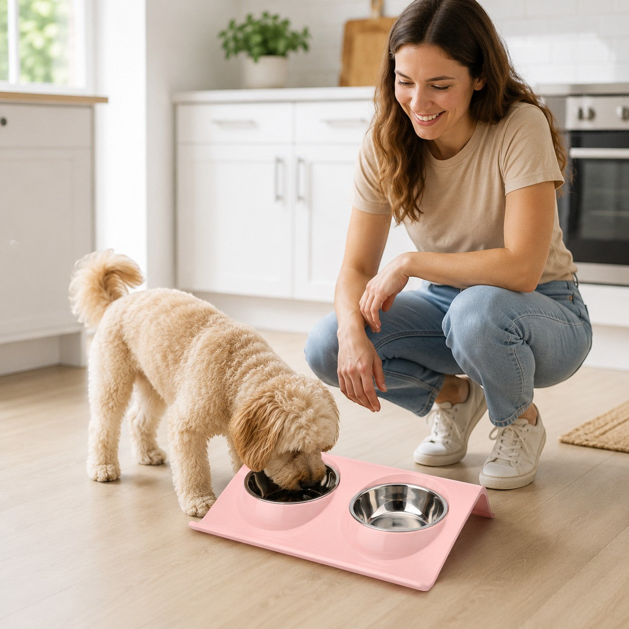 Tap2Own pink elevated double pet bowls with stainless steel inserts, a dog eats from one bowl.