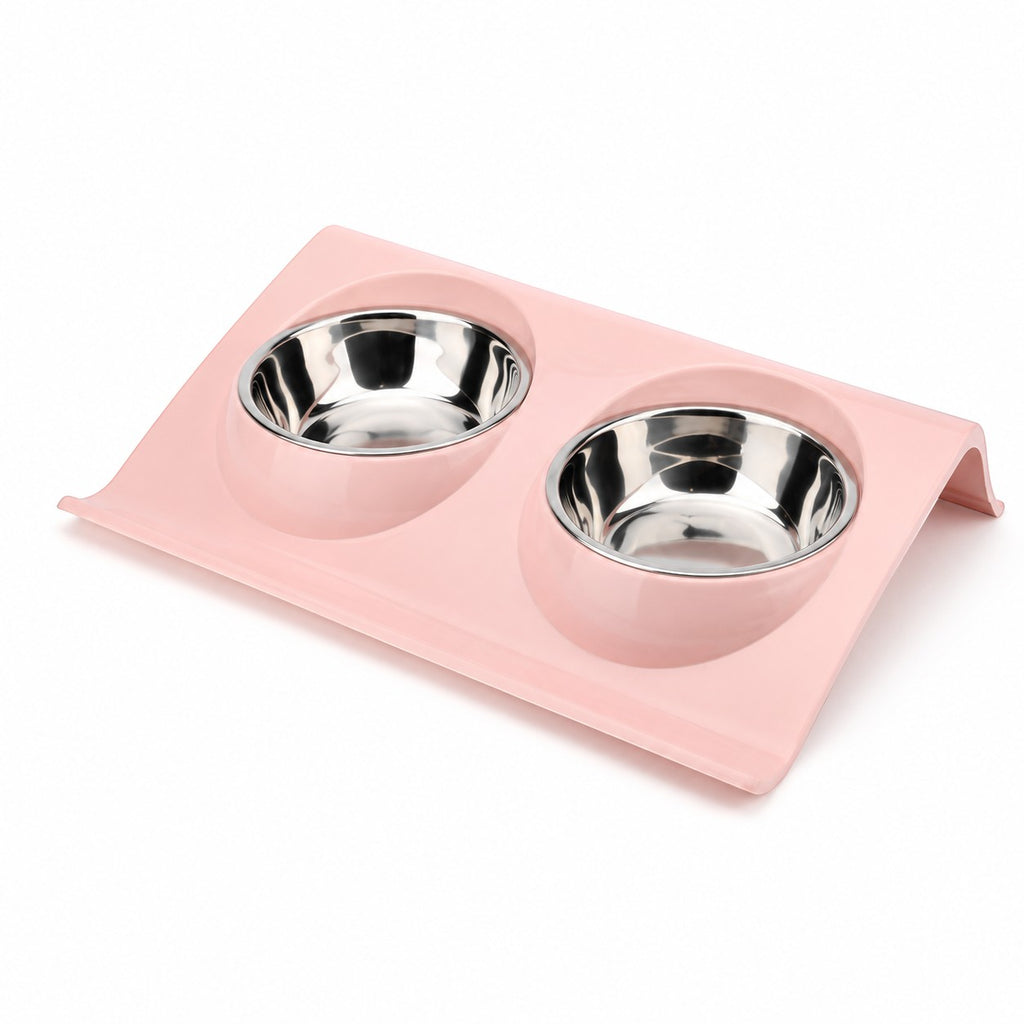 Tap2Own pink elevated double pet bowl feeder with two stainless steel bowls for food and water.