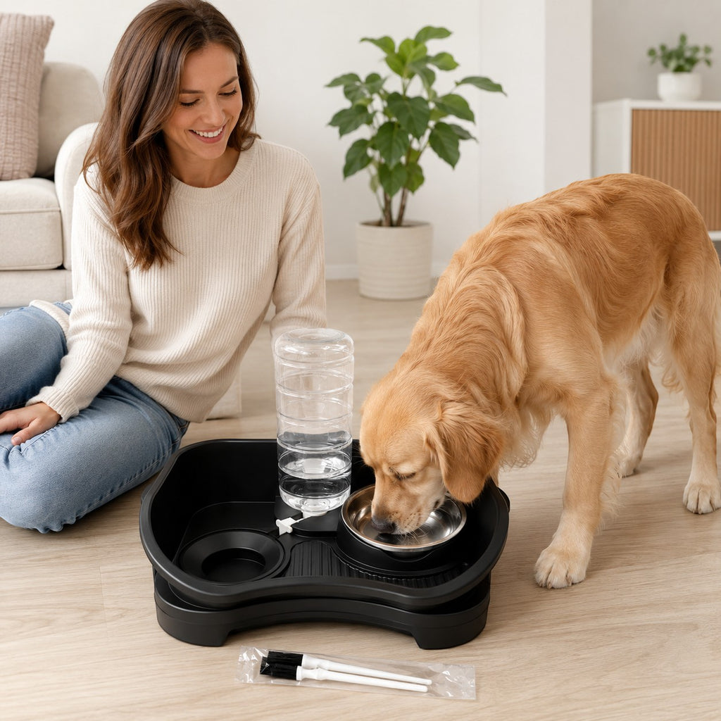 Tap2Own black elevated pet feeding station with automatic water dispenser and stainless steel bowls. A golden retriever drinks water.
