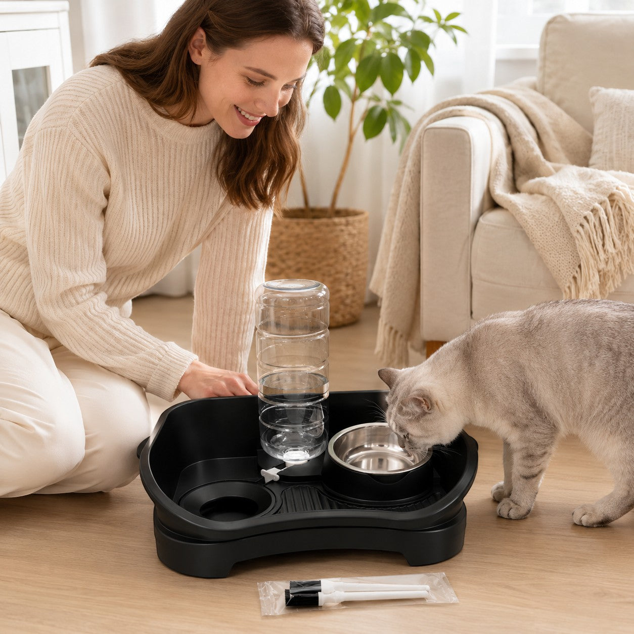 Tap2Own elevated pet feeding station with automatic water dispenser and stainless steel bowls, shown with a cat drinking.