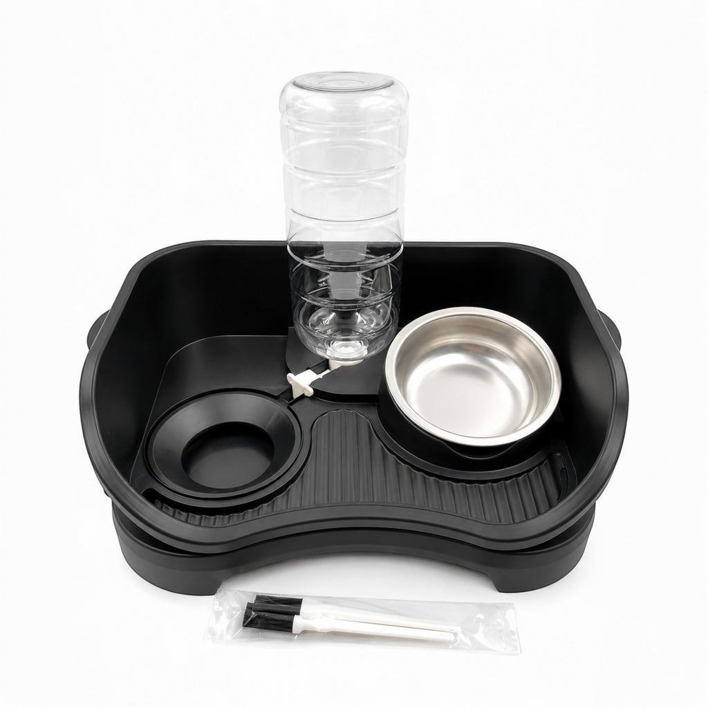 Tap2Own black elevated pet feeding station with automatic water dispenser and stainless steel bowls. Includes cleaning brushes.