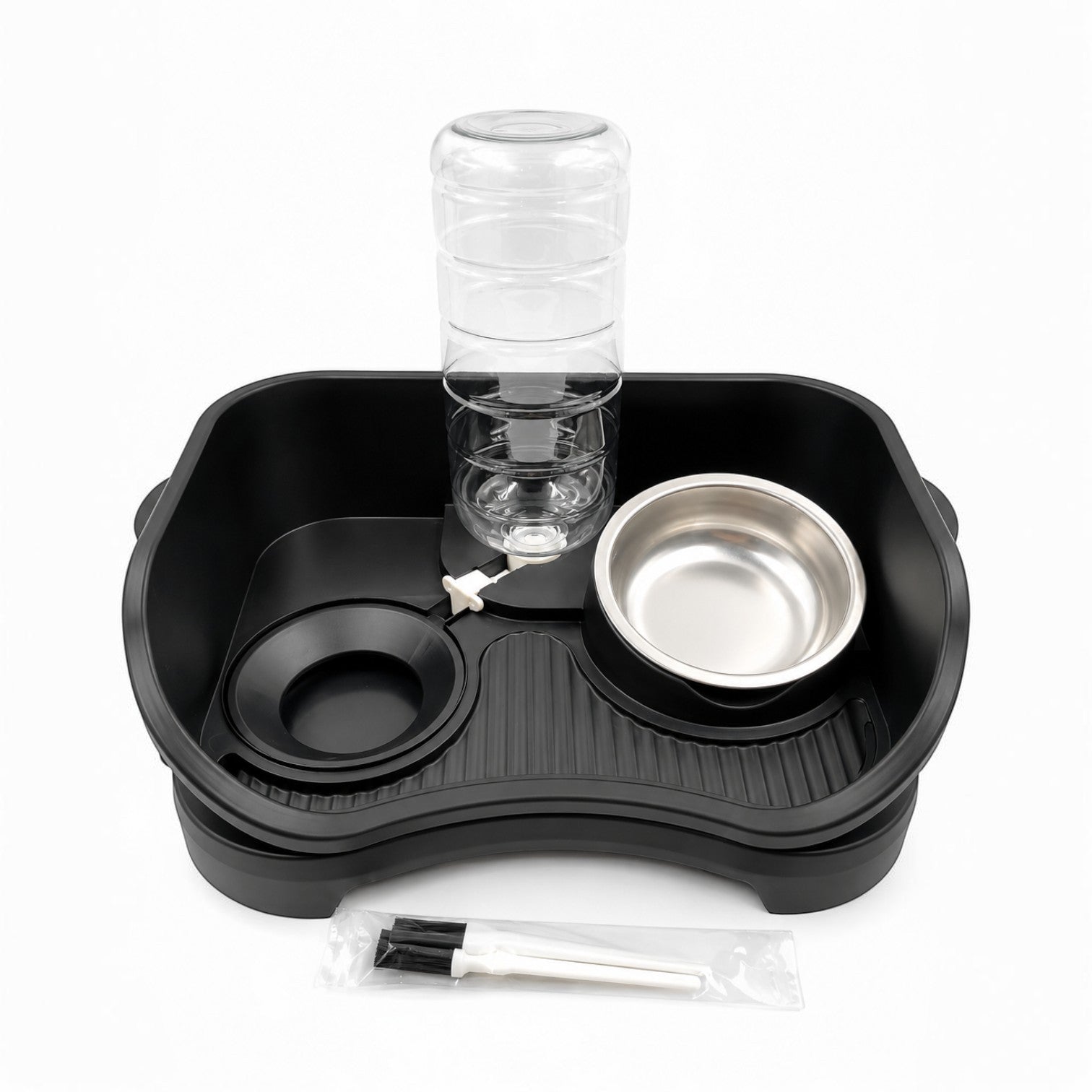 Tap2Own black elevated pet feeding station with automatic water dispenser and stainless steel bowls. Includes cleaning brushes.