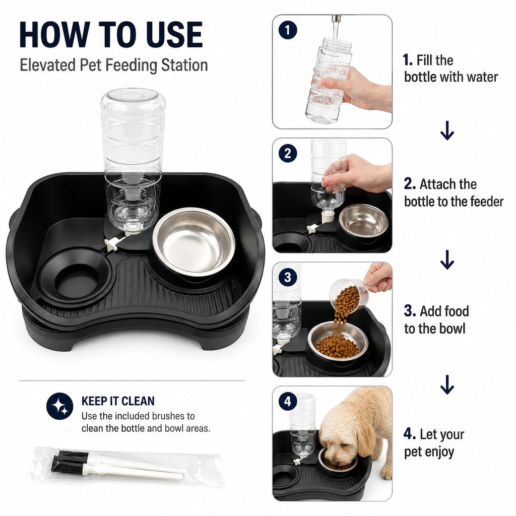 Tap2Own black elevated pet feeding station with automatic water dispenser and two stainless steel bowls. Includes cleaning brushes.