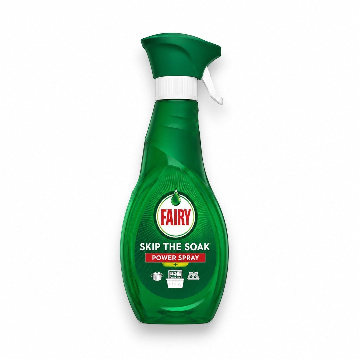 Tap2Own Fairy Skip The Soak Power Spray bottle for dishwashing and kitchen cleaning with grease-cutting formula.