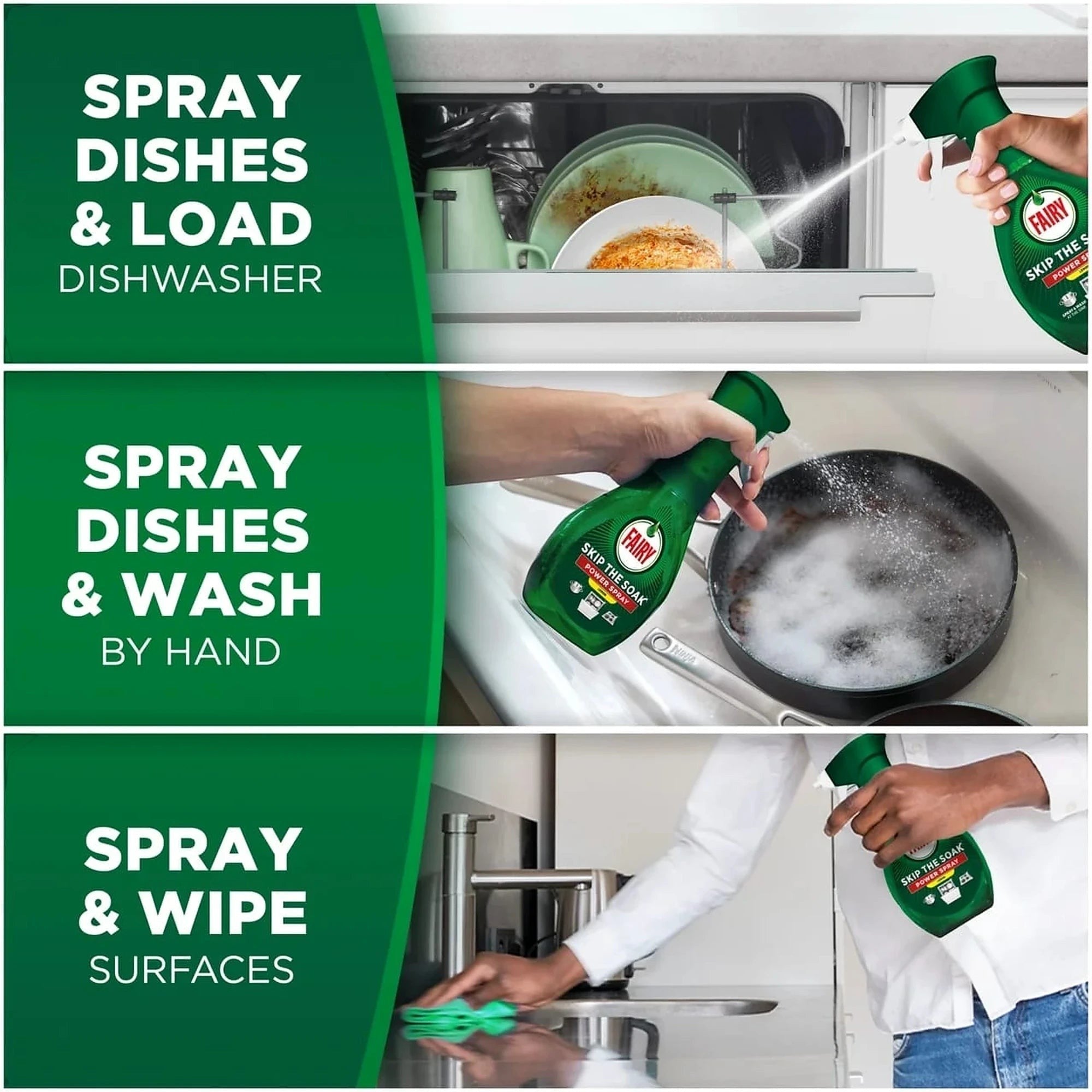 Tap2Own Fairy Power Spray demonstrating three kitchen cleaning methods: dishwasher loading, hand washing, and wiping.