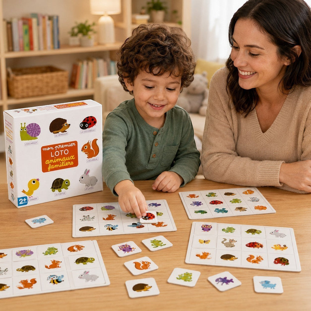 Tap2Own Family Animals Loto Game with a boy and woman playing, featuring animal cards like snails, hedgehogs, ladybugs, and squirrels.
