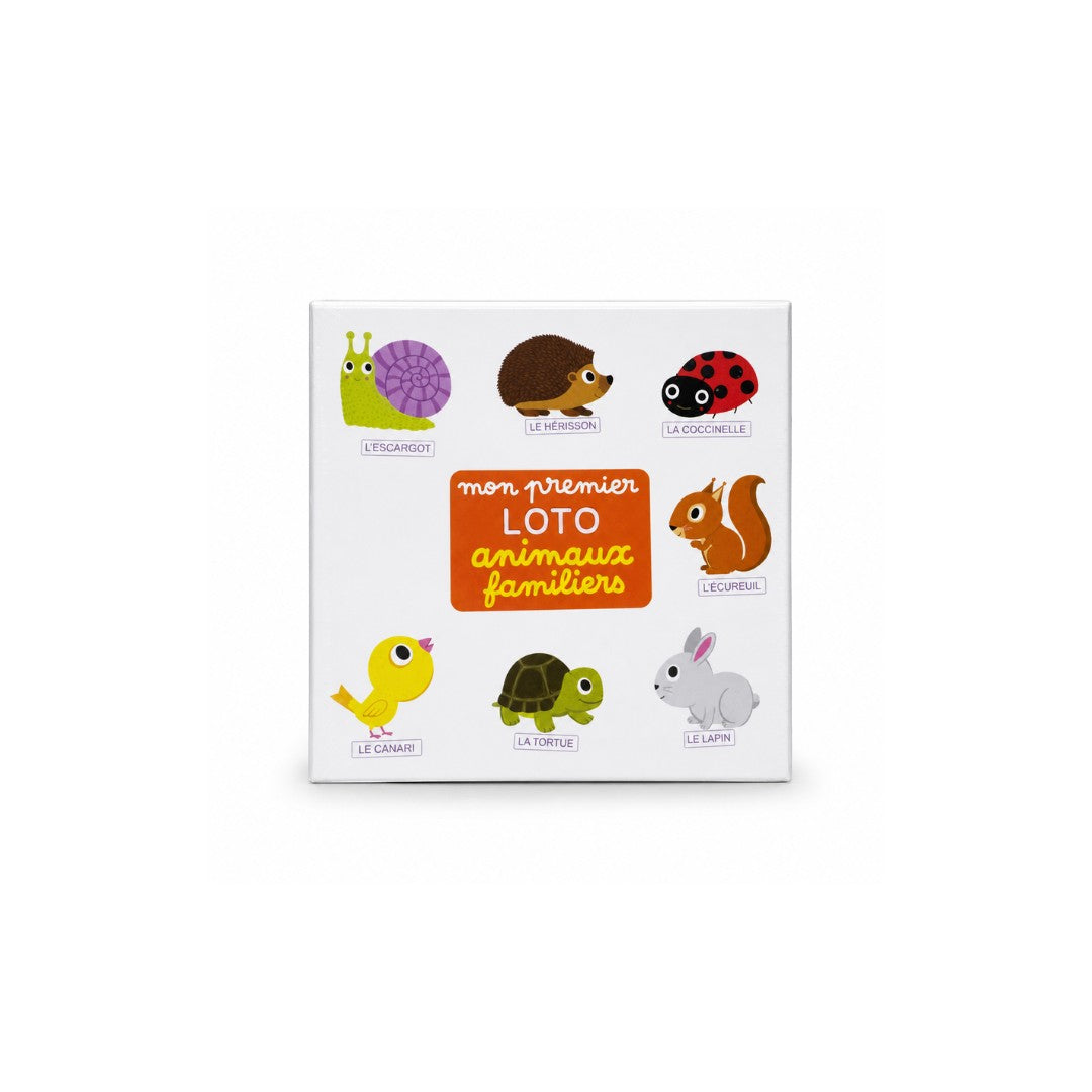 Tap2Own My First Family Animals Loto Game box featuring colorful cartoon animals: snail, hedgehog, ladybug, squirrel, chick, turtle, and rabbit.