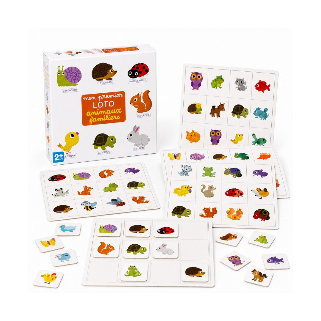 Tap2Own My First Family Animals Loto Game for toddlers, featuring colorful animal illustrations and game boards.
