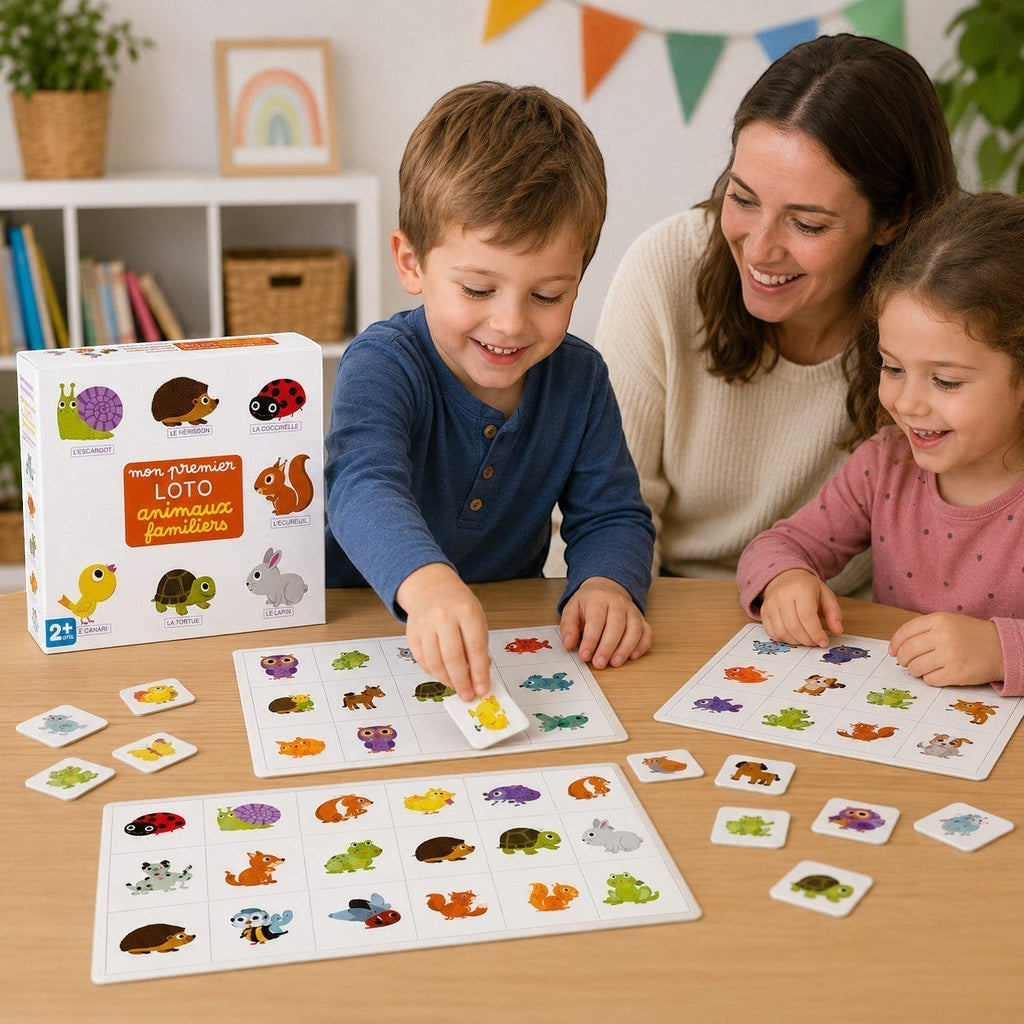 Tap2Own Family Animals Loto Game with a mother and two children playing. Features colorful animal illustrations for learning.