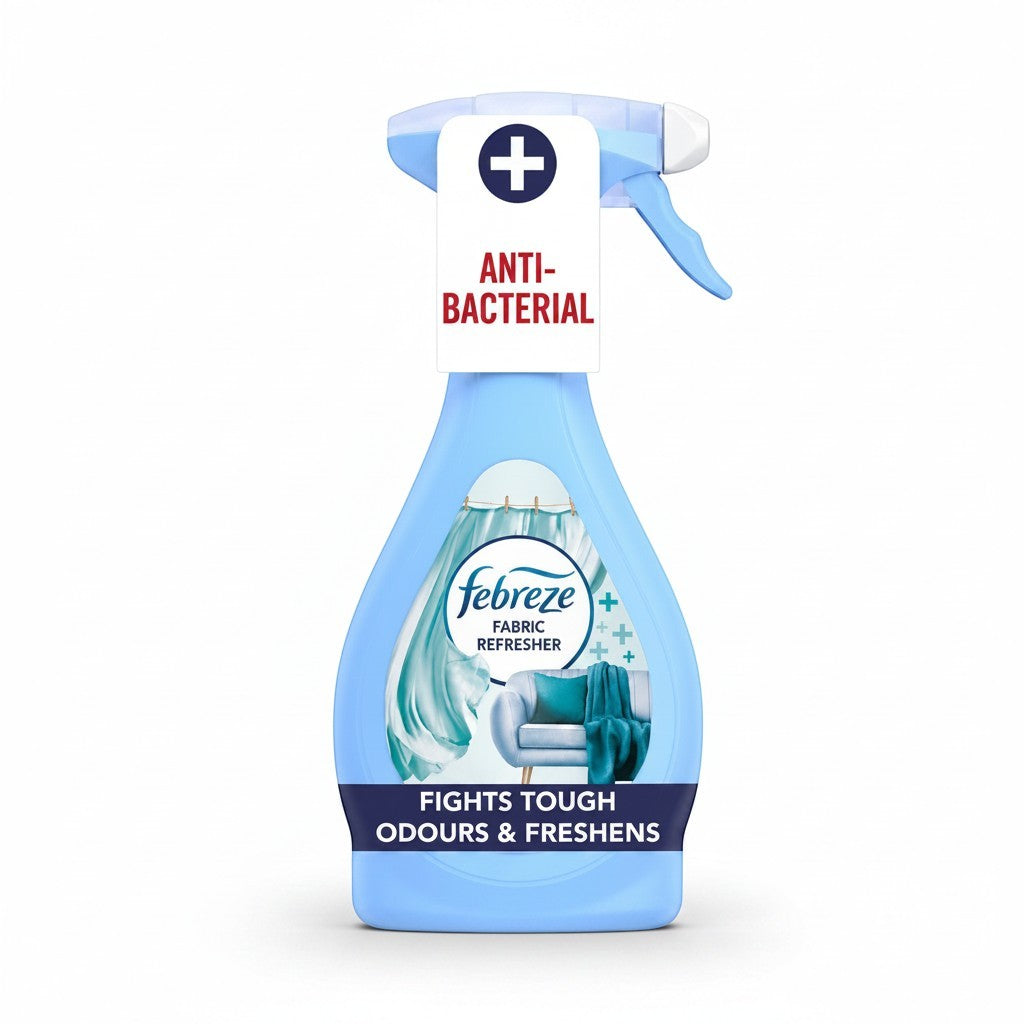 Tap2Own Febreze Antibacterial Fabric Refresher spray bottle in light blue with a trigger nozzle for household fabrics.