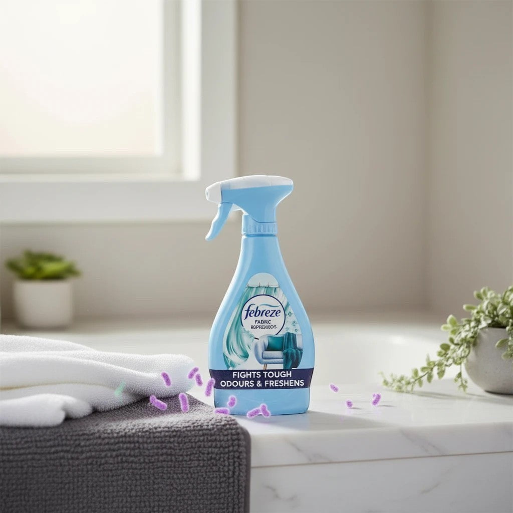 Tap2Own Febreze Antibacterial Fabric Refresher spray bottle on a marble counter next to a grey towel.