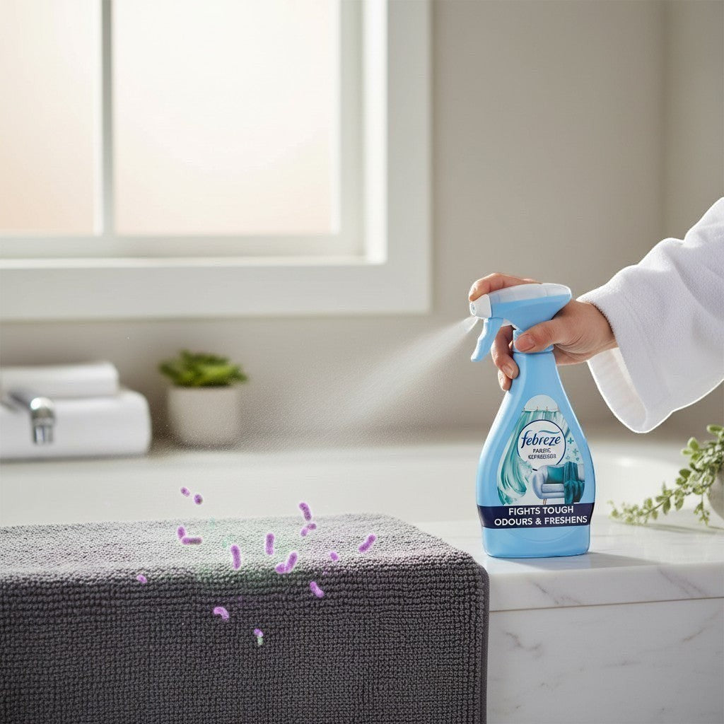 Tap2Own Febreze antibacterial fabric refresher spray bottle misting over a grey towel to eliminate odour-causing bacteria