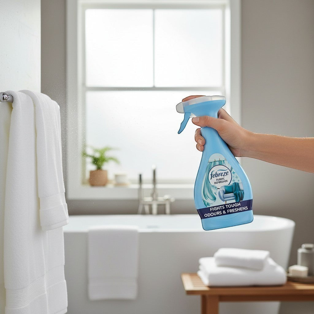 Tap2Own Febreze antibacterial fabric refresher spray bottle being used to mist a white towel in a bright bathroom.