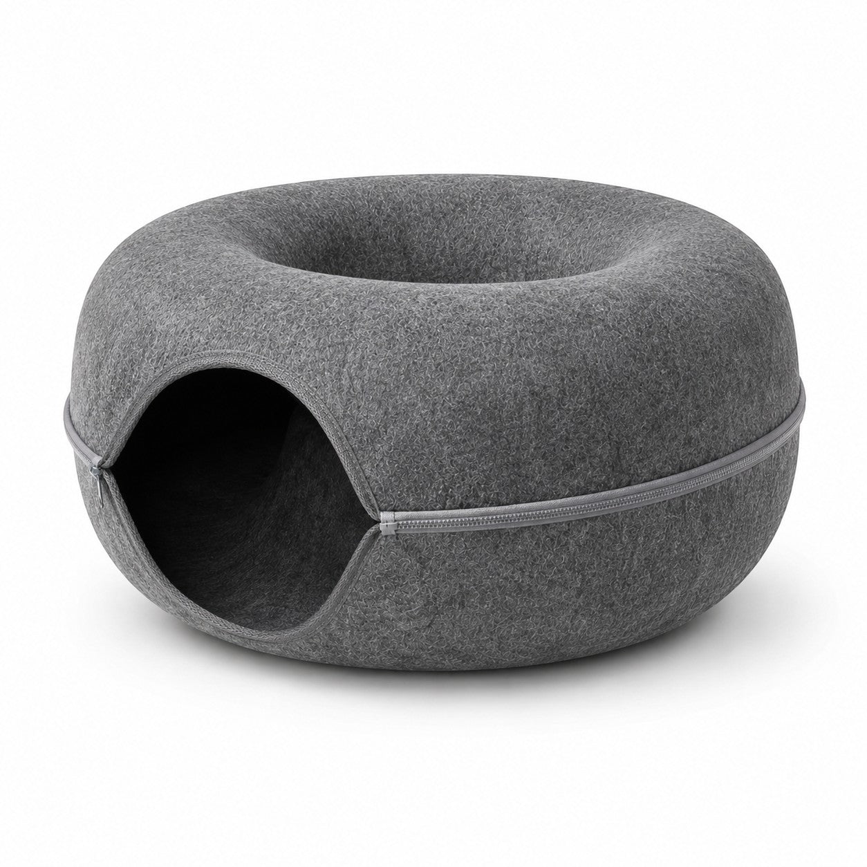 Tap2Own Modern Felt Pet Cave Bed in charcoal grey, donut-shaped with zippered opening for cats and small dogs.