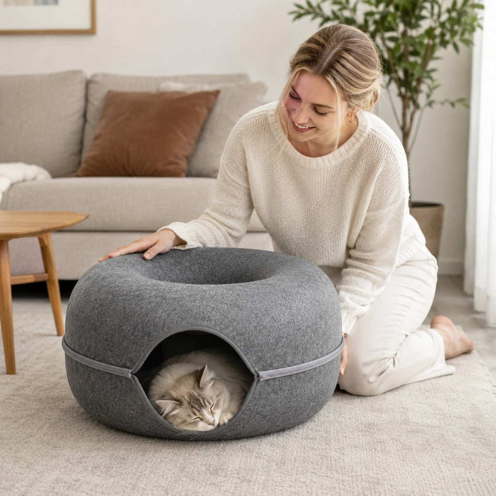 Tap2Own charcoal grey felt pet cave bed, donut-shaped with zippered opening, offering a cozy retreat for cats and small dogs.