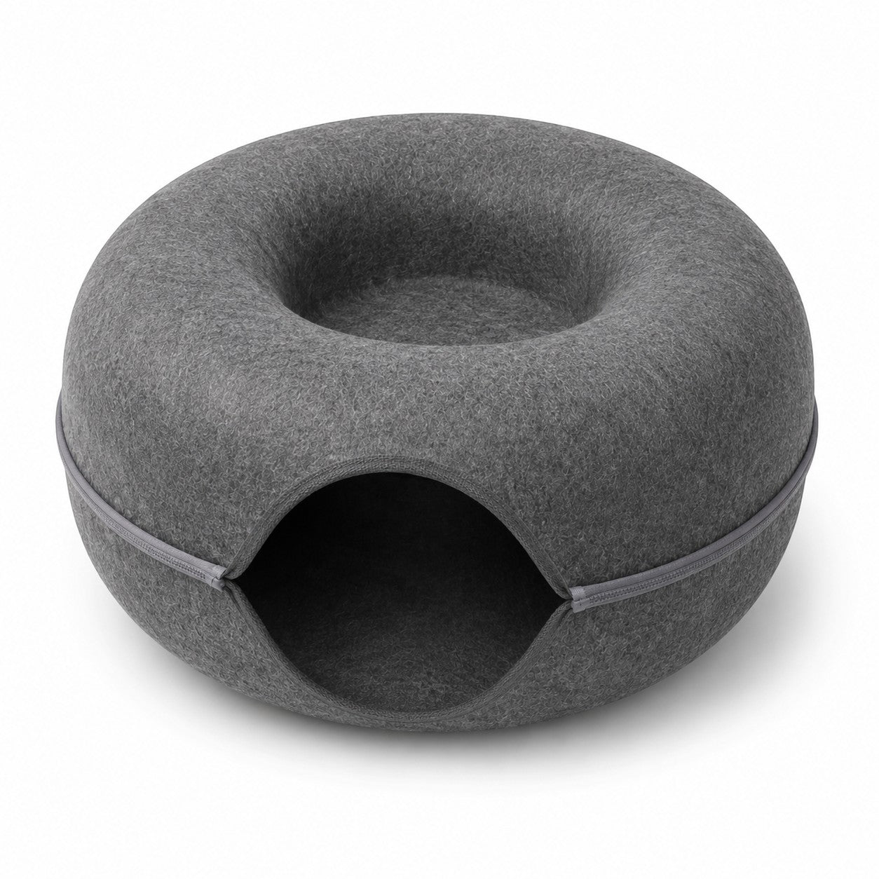 Tap2Own charcoal grey felt donut-shaped pet cave bed with zippered opening for cats and small dogs.
