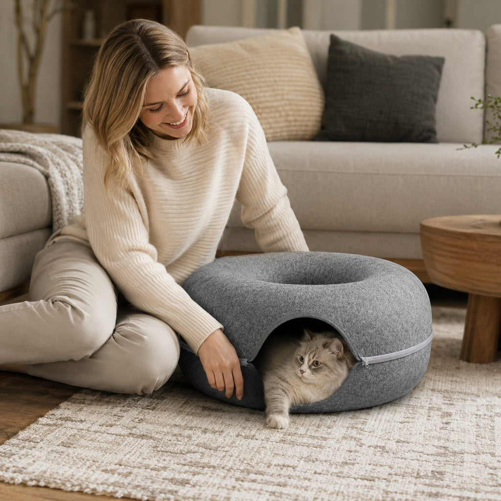 Tap2Own Modern Felt Pet Cave Bed, charcoal grey, donut-shaped, enclosed cozy retreat for cats and small dogs.