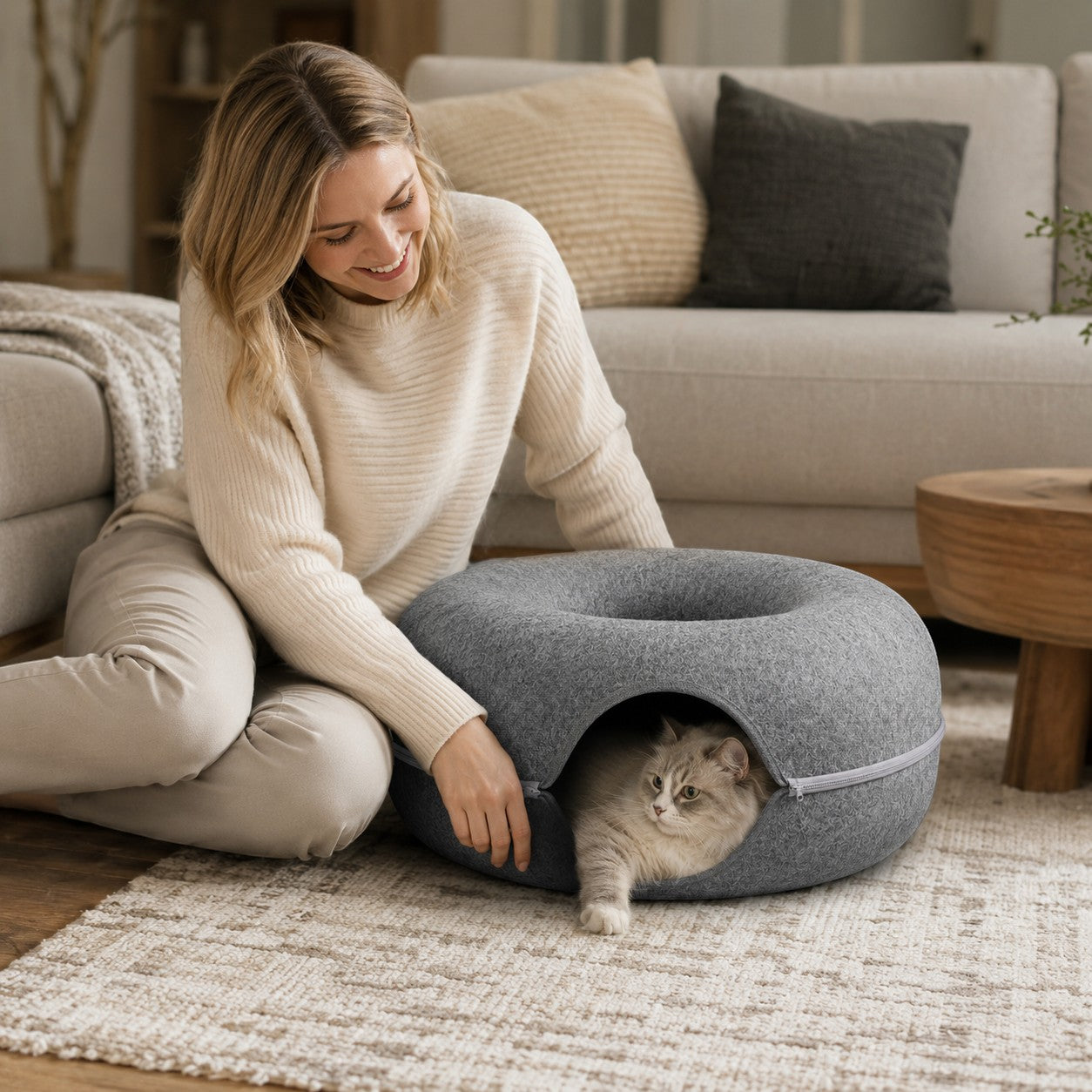 Tap2Own Modern Felt Pet Cave Bed, charcoal grey, donut-shaped, enclosed cozy retreat for cats and small dogs.