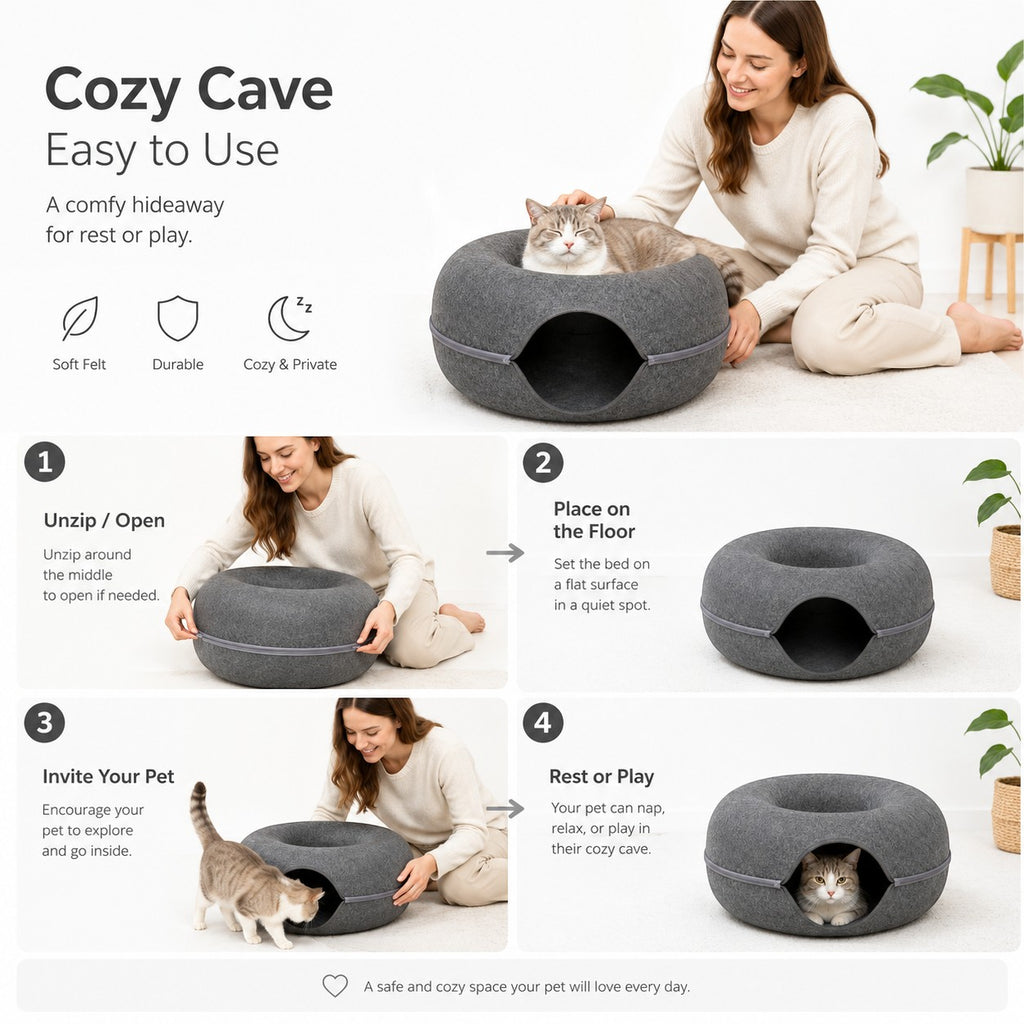 Tap2Own Modern Felt Pet Cave Bed, charcoal grey, donut-shaped, enclosed hideaway for cats and small dogs.