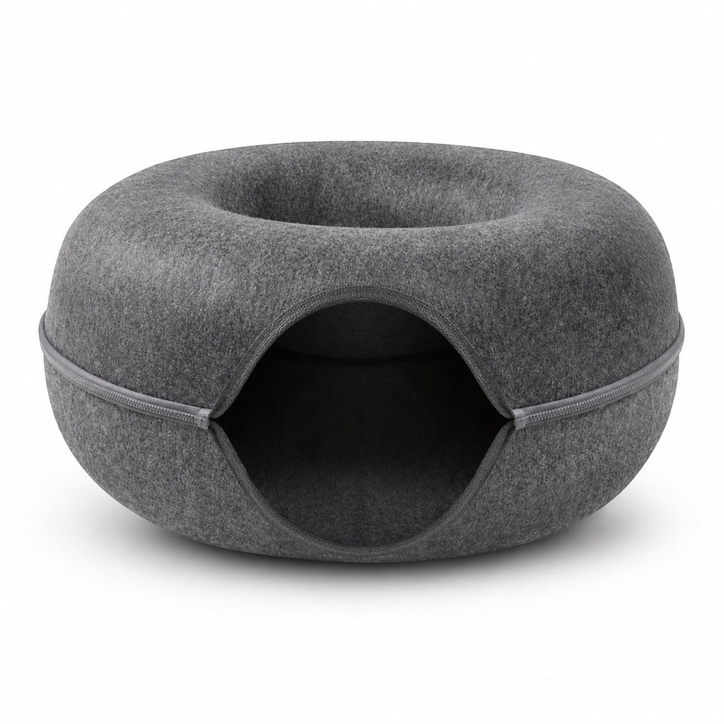 Tap2Own charcoal grey felt pet cave bed with zippered opening, donut-shaped for cats and small dogs.