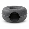 Tap2Own charcoal grey felt pet cave bed with zippered opening, donut-shaped for cats and small dogs.