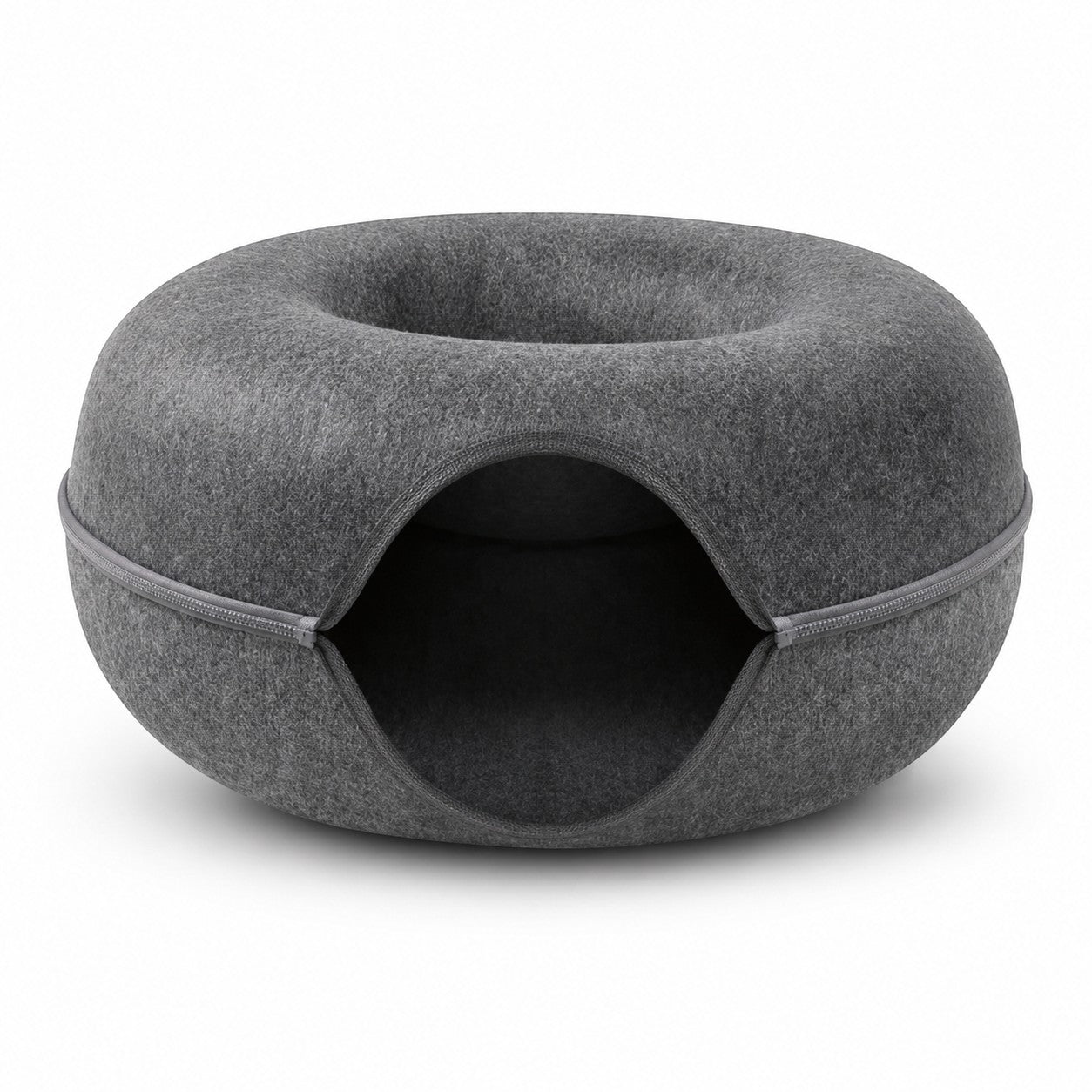 Tap2Own charcoal grey felt pet cave bed with zippered opening, donut-shaped for cats and small dogs.