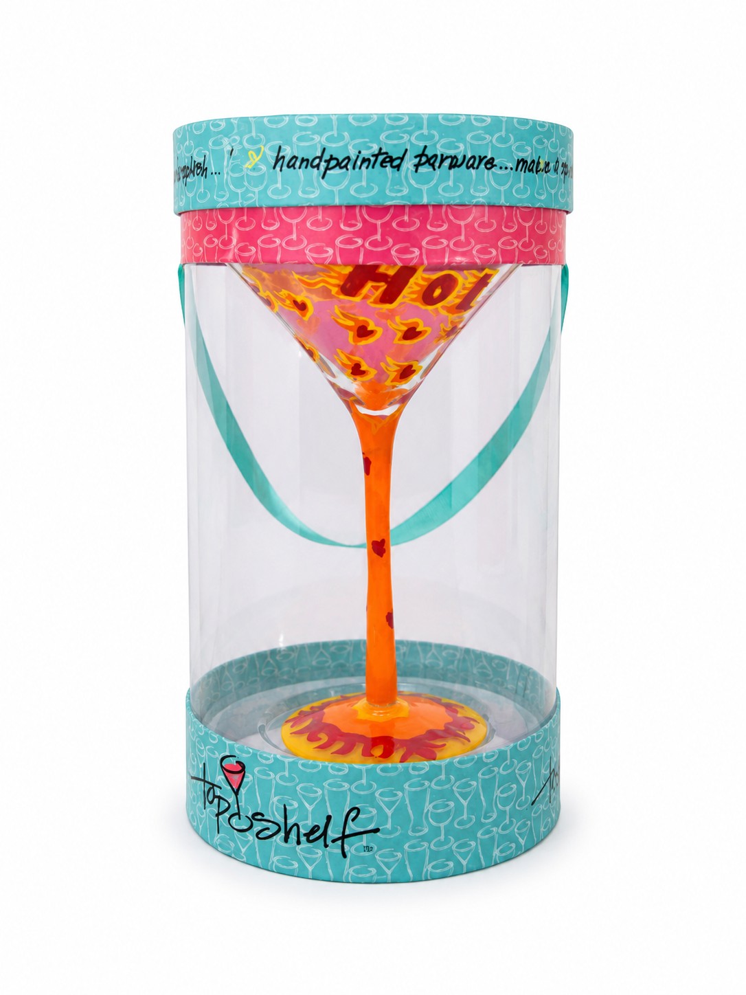 Tap2Own hand-painted martini glass featuring a fiery orange and red flame motif in a decorative gift tube.