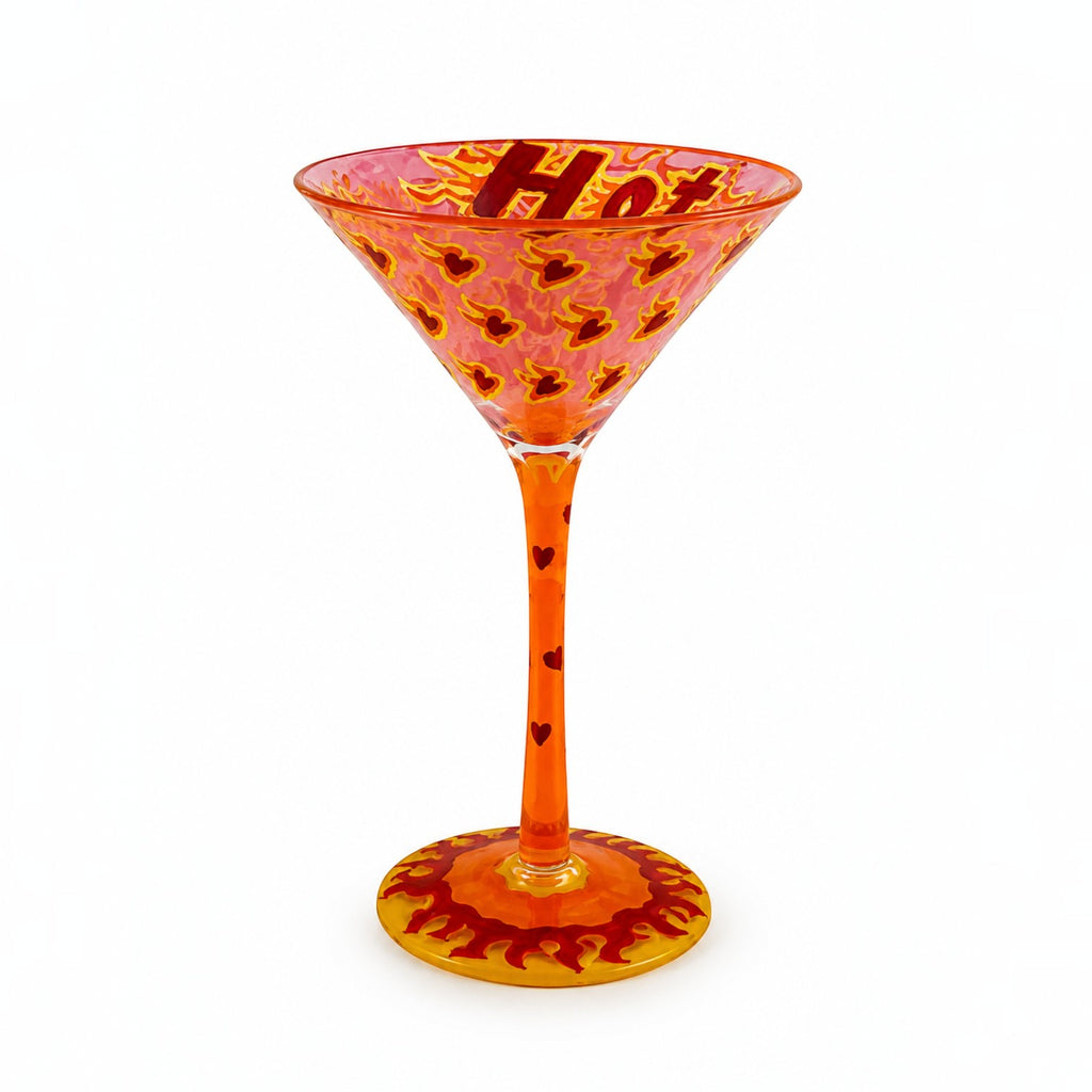 Tap2Own hand-painted martini glass featuring red and orange flame and heart motifs with Hot text on a white background