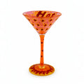 Tap2Own hand-painted martini glass featuring red and orange flame and heart motifs with Hot text on a white background