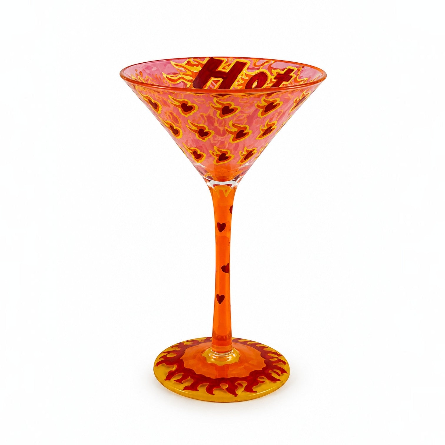 Tap2Own hand-painted martini glass featuring red and orange flame and heart motifs with Hot text on a white background
