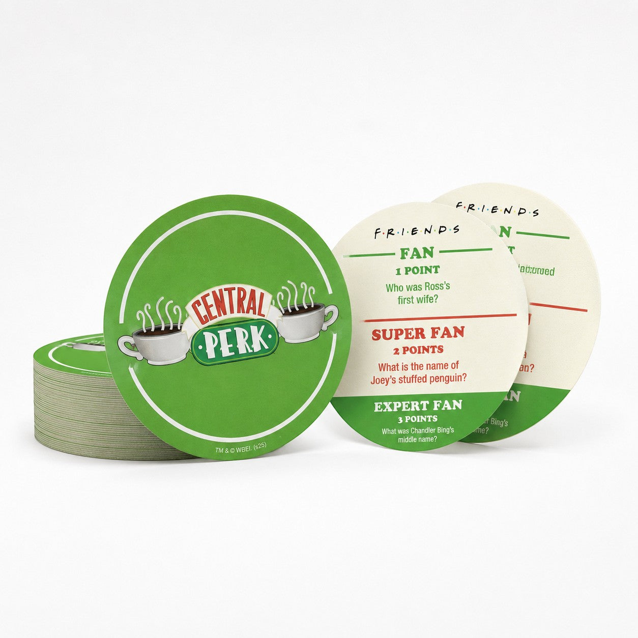 Tap2Own Friends The Television Series Trivia Quiz Coasters featuring Central Perk logo and trivia questions.