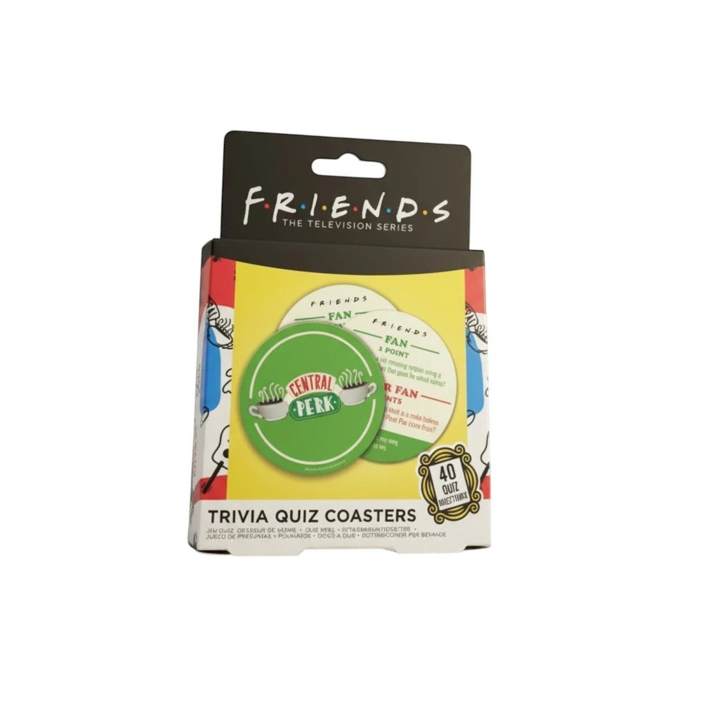 Tap2Own Friends The Television Series Trivia Quiz Coasters featuring Central Perk logo and trivia questions.