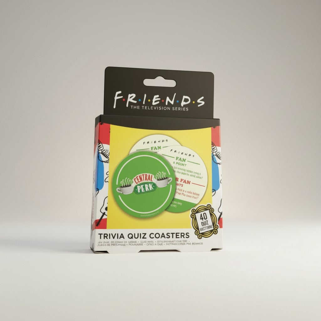 Tap2Own Friends The Television Series Trivia Quiz Coasters featuring Central Perk logo and 40 quiz questions.