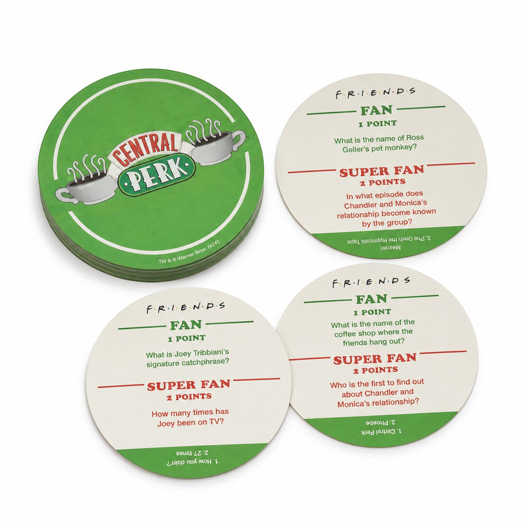 Tap2Own Friends The Television Series Trivia Quiz Coasters featuring Central Perk logo and trivia questions.