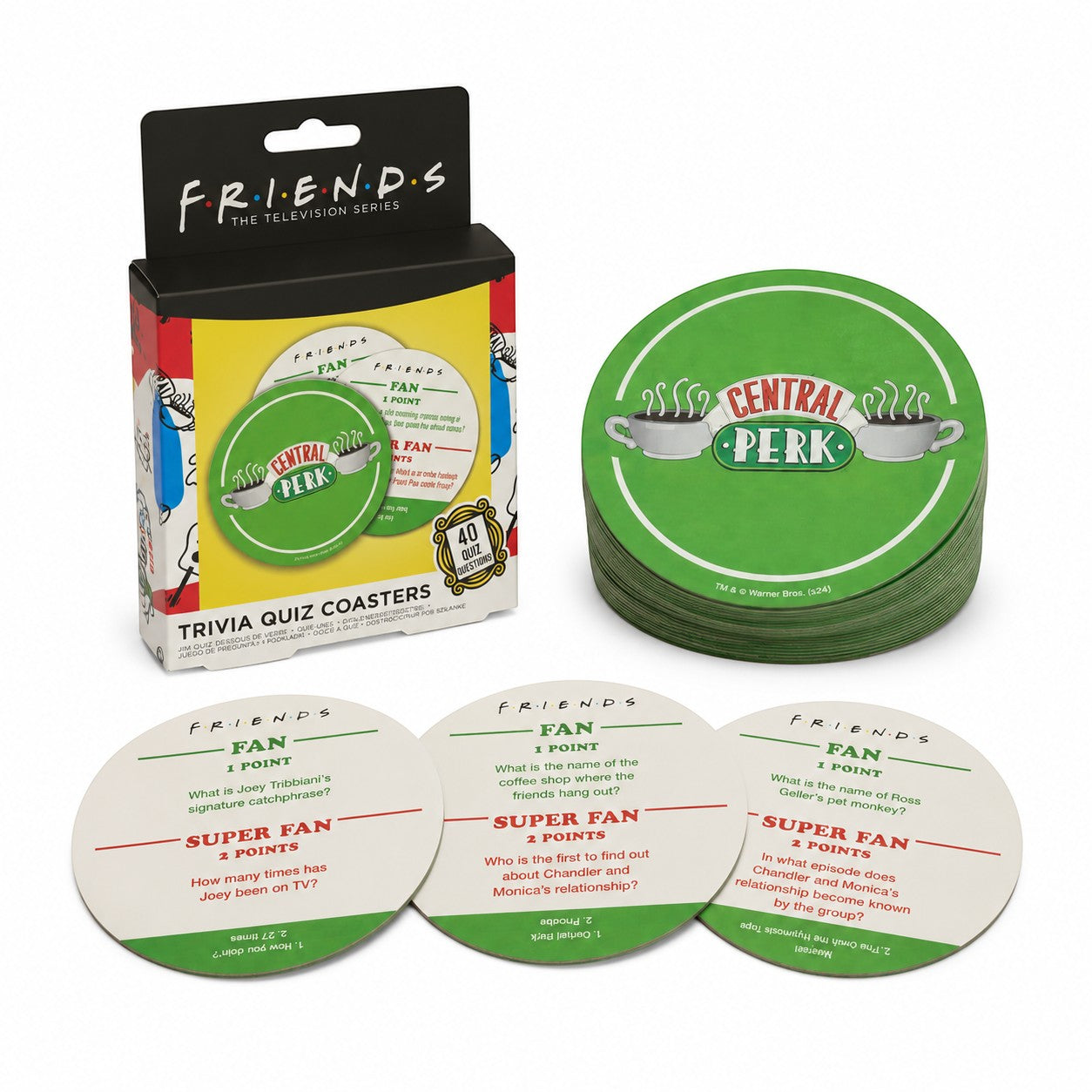 Tap2Own Friends The Television Series Trivia Quiz Coasters featuring Central Perk logo and trivia questions. Set of 40.