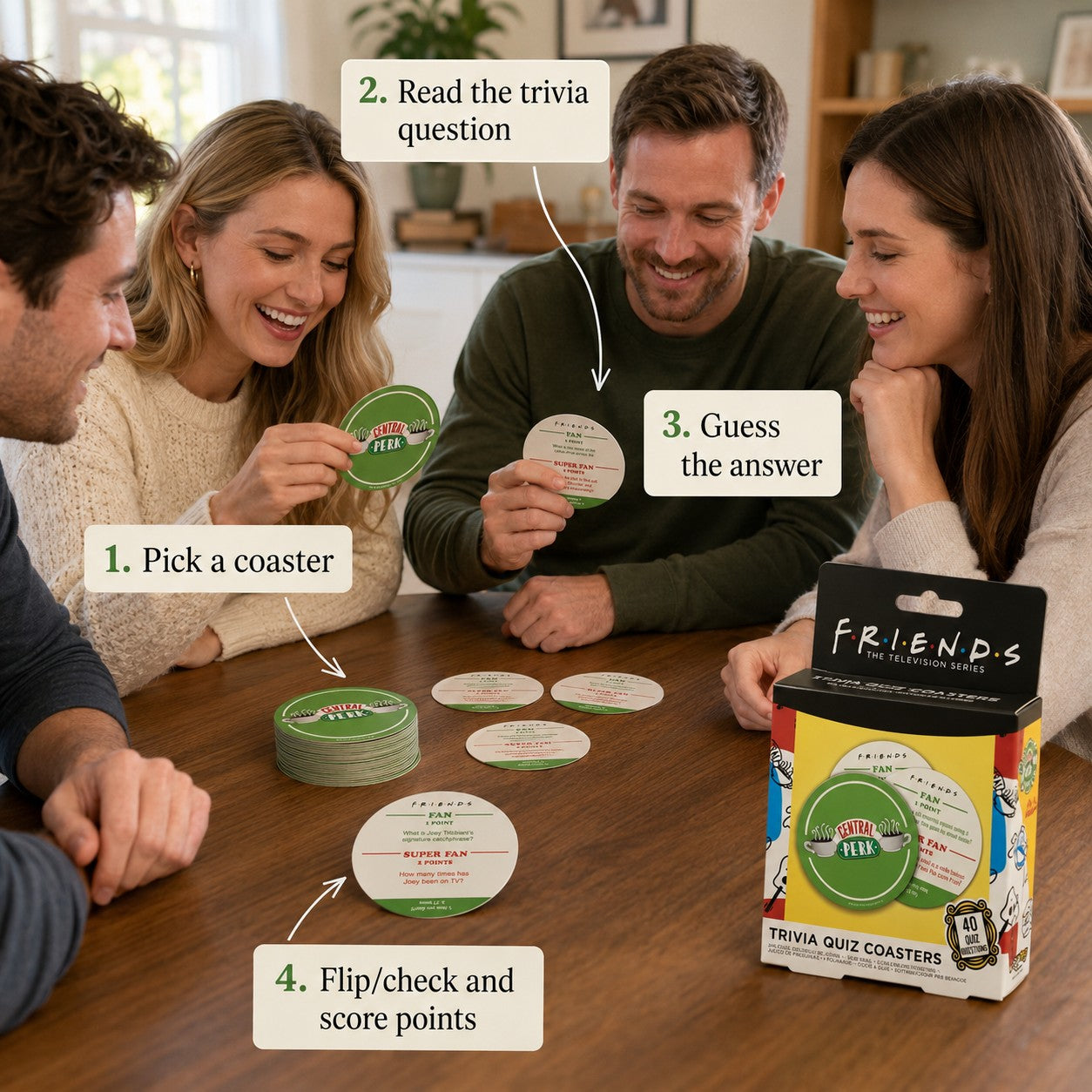 Tap2Own Friends The Television Series Trivia Quiz Coasters featuring Central Perk logo and trivia questions for fans.