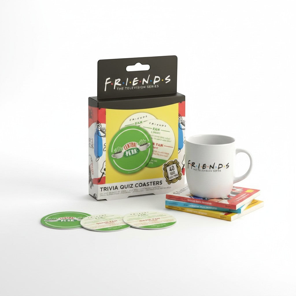 Tap2Own Friends The Television Series Trivia Quiz Coasters featuring Central Perk design and 40 questions.