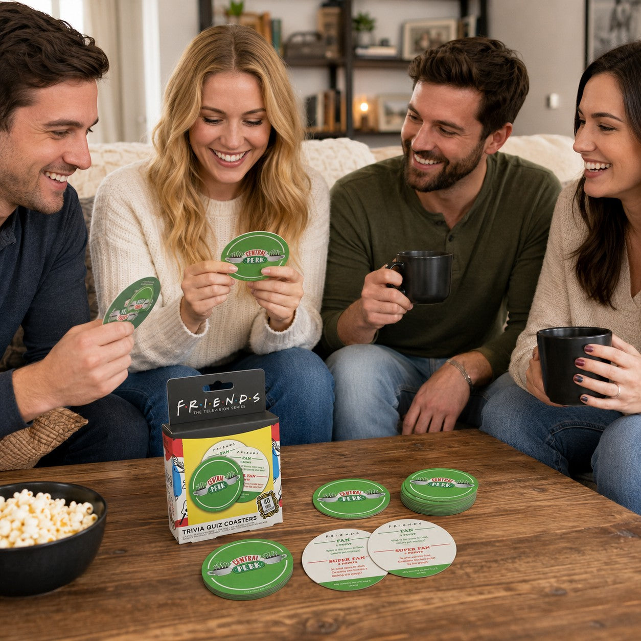 Tap2Own Friends The Television Series Trivia Quiz Coasters featuring Central Perk logo and trivia questions. Four friends are playing the game.