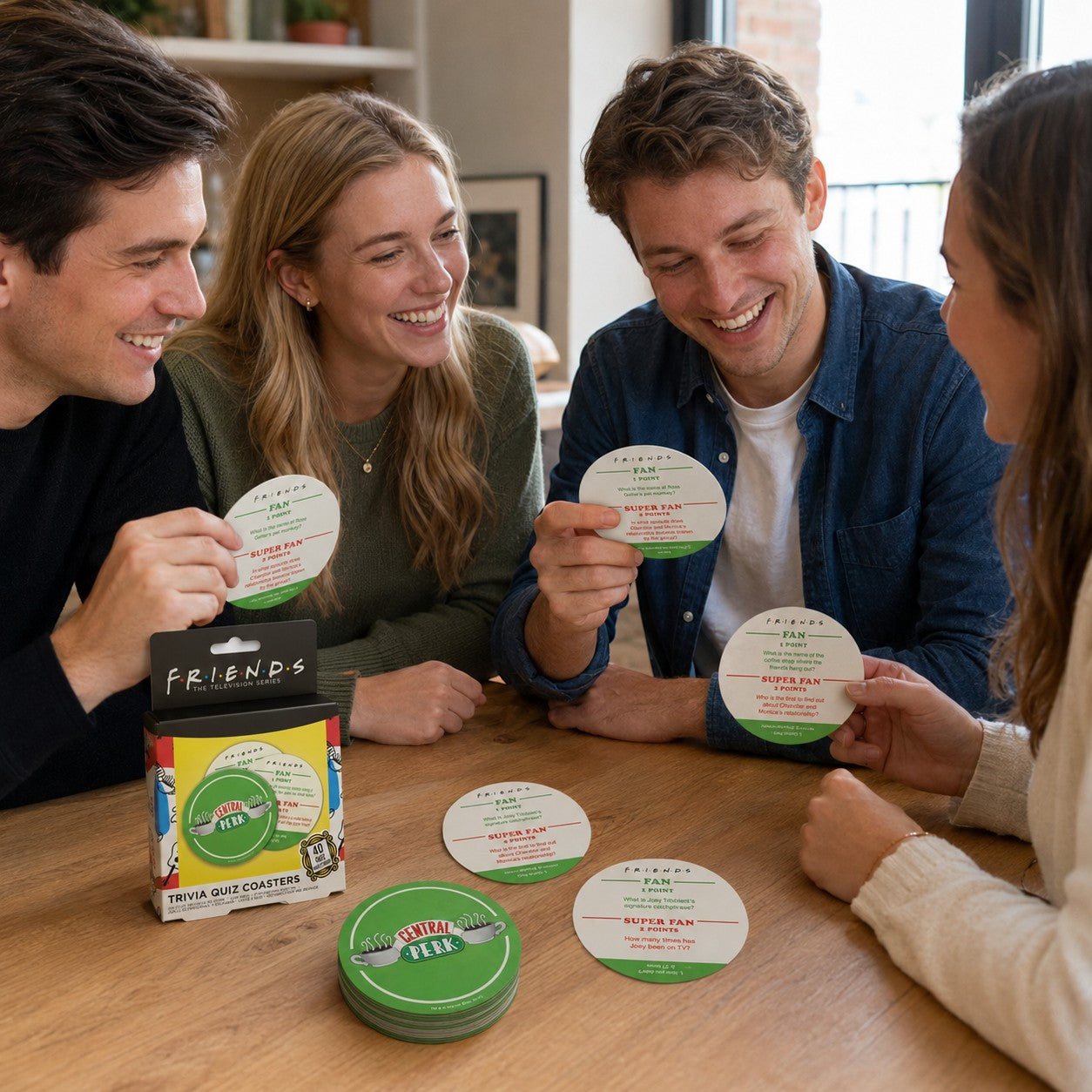 Tap2Own Friends The Television Series Trivia Quiz Coasters featuring Central Perk logo and trivia questions for fans.