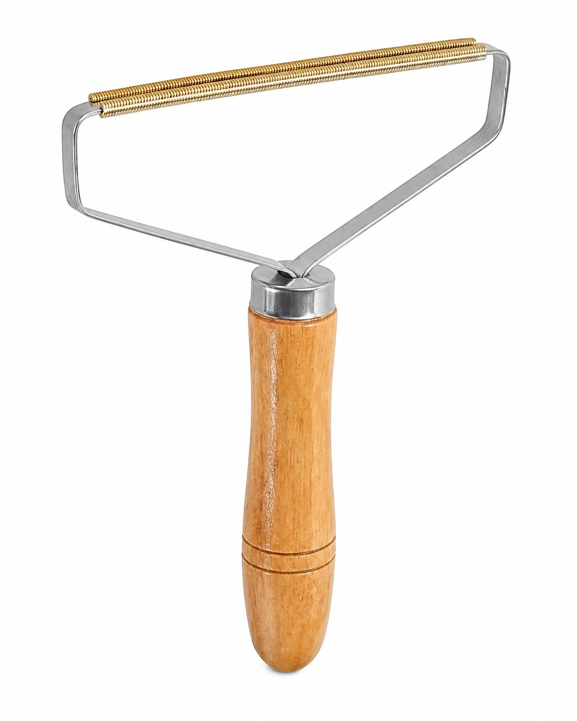 Tap2Own reusable fabric fuzz remover tool with metal frame and wooden handle, featuring a spring-loaded bar.
