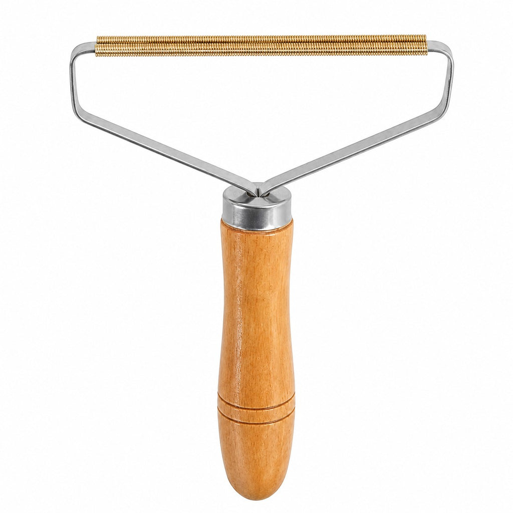 Tap2Own reusable fabric fuzz remover tool with metal spring bar and wooden handle.