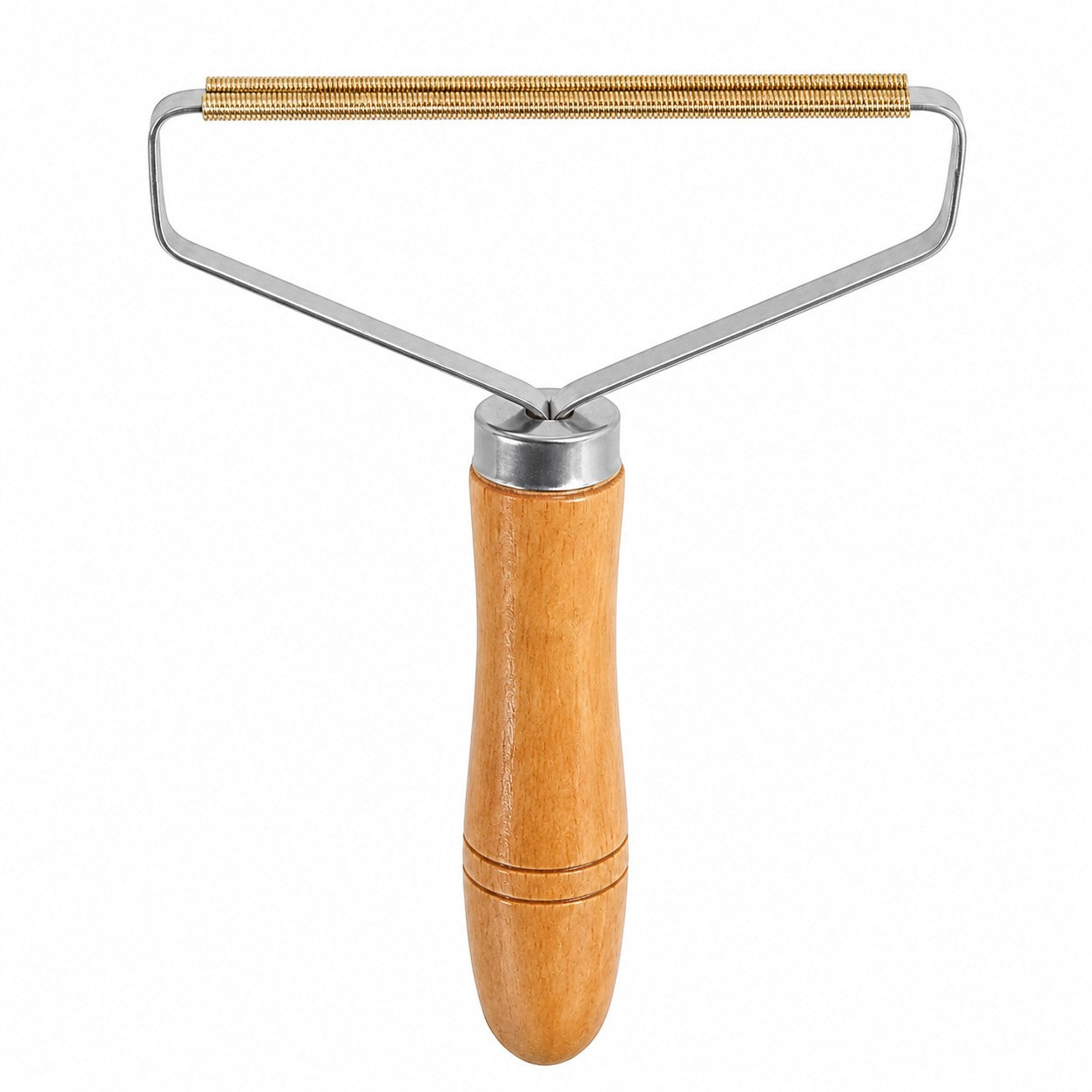Tap2Own reusable fabric fuzz remover tool with metal spring bar and wooden handle.