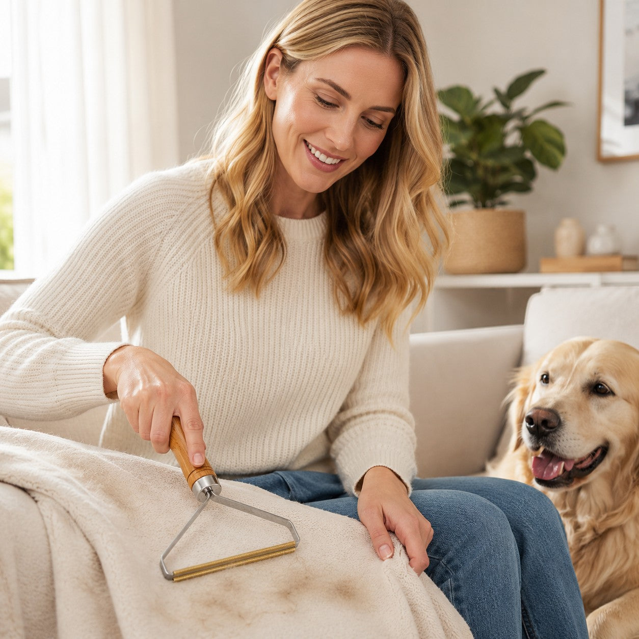 Tap2Own reusable fabric fuzz remover tool with wooden handle cleaning a beige blanket, with a golden retriever dog nearby.